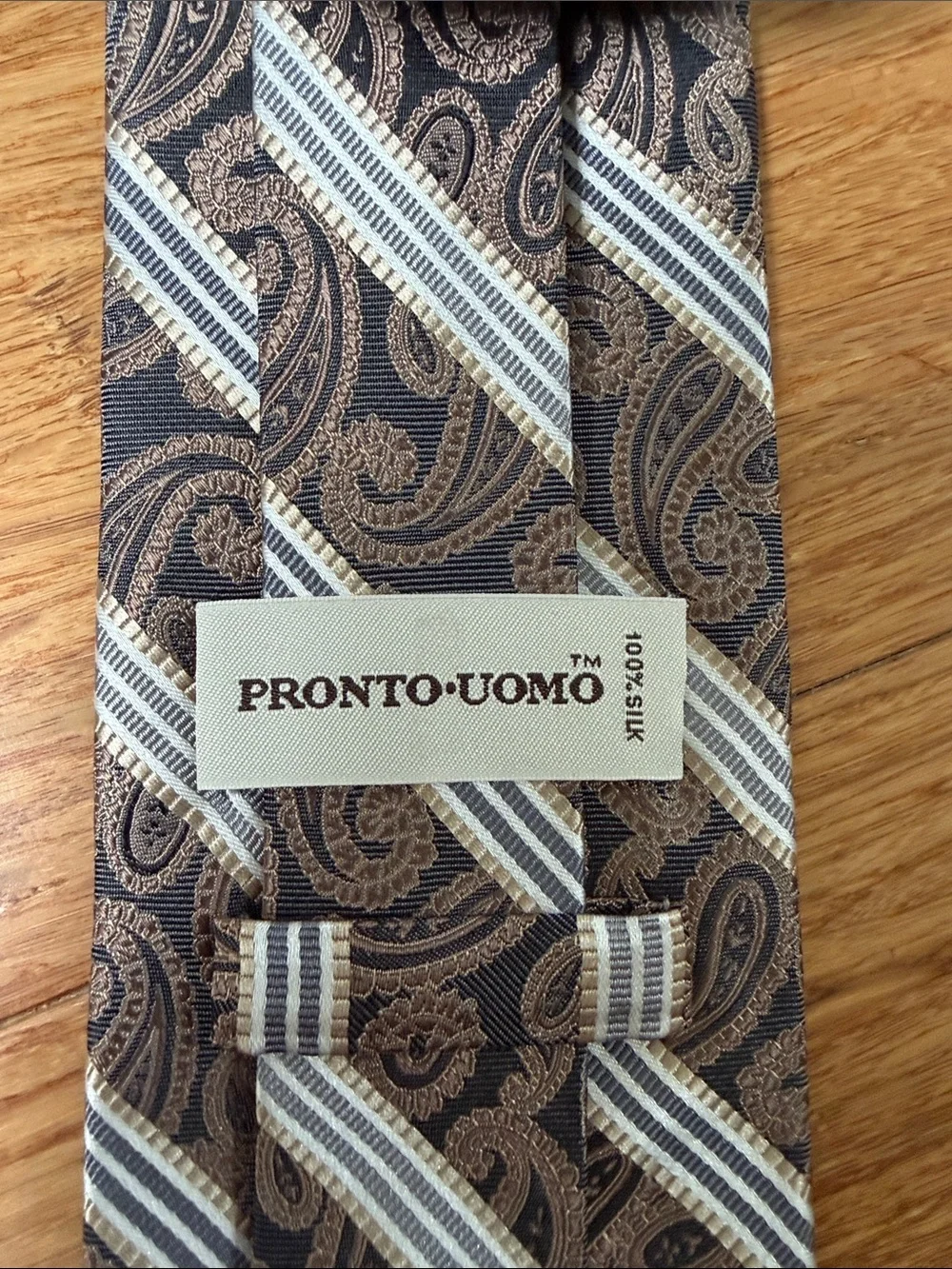 (3T) Pronto Uomo Brown Paisley Tie with Light Blue Stripes